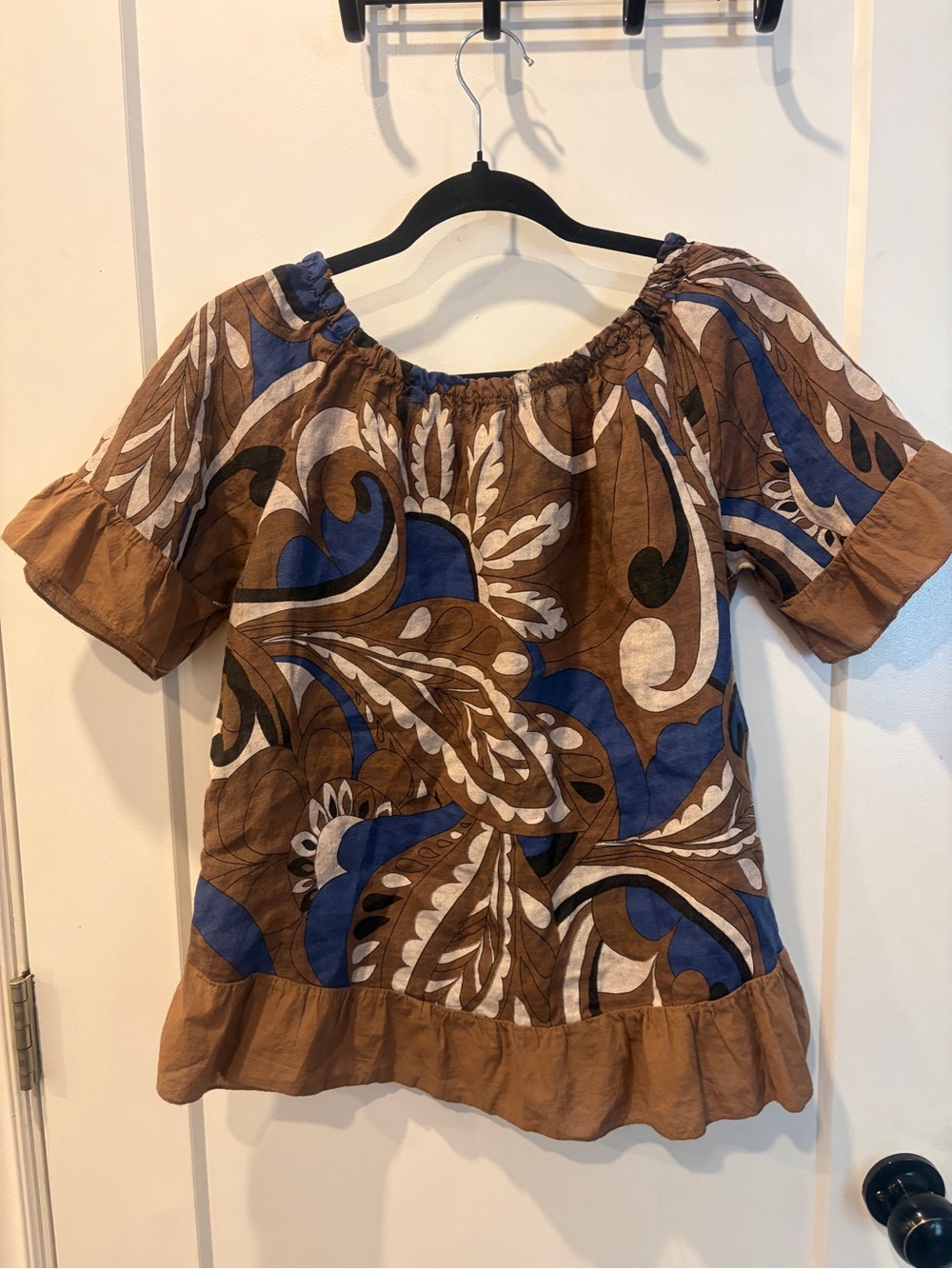 Women’s Italian Brown Blue Printed Linen Peasant Top